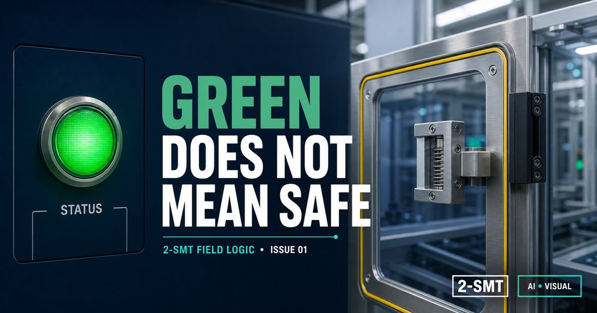 Issue 01 cover: a lit green STATUS lamp beside the guard door of a fab tool, with the words Green Does Not Mean Safe.